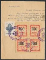 1946 Okmánydarab 1000P okirati illetékbélyeggel + 4*100P Szeged városi bélyeggel
