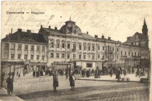Chernivtsi, Czernowitz; Ringplatz / square, Heinrich Pardinis shop, tram, Verlag Moritz Gottlieb (fa)