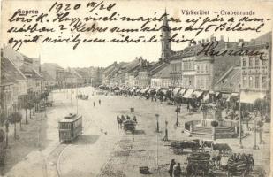 Sopron, Várkerület, Lang Frigyes üzlete, villamos, piac, Piri Dániel kiadása (fa)