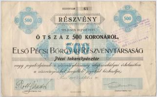 Pécs 1923. Első Pécsi Bőrgyár Részvénytársaság részvény 500K-ról, szelvényekkel és bélyegzéssel T:III