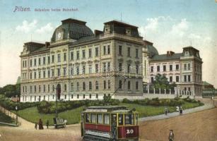Plzen, Pilsen; Schulen beim Bahnhof / school with railway station, tram (Rb)