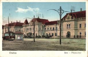 Nagyvárad, Oradea; vasútállomás, villamos / Gara / railway station, tram (Rb)