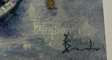 Olvashatatlan jelzéssel: Pihenés a parton. Olaj, farost, 40x30 cm