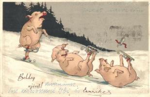 'Boldog újévet!' / New Year greeting card with skating and falling pigs, litho (EK)