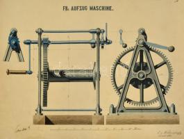 Wiettinghoff Evald (1826-1882): Aufzug Maschine 1866 (sorozat 7 lap).Tus-akvarell, papír, jelzett, kopás nyomokkal, 34×45 cm (7×)