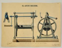 Wiettinghoff Evald (1826-1882): Aufzug Maschine 1866 (sorozat 7 lap).Tus-akvarell, papír, jelzett, k...