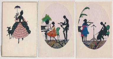 5 db RÉGI sziluettes művészlap, Manni Grosze szignóval / 5 pre-1945 silhouette art postcards, signed by Manni Grosze