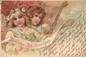 'Fröhliche Weihnachten' angels with harp, litho (EK)