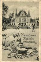 Kassa, Kosice; humoros montázslap a vasútállomással / railway station, humorous montage postcard (EK)