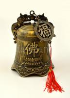 Kínai feliratozott kolomp, csengő, Taoista pap? Bronz. / Chinese bell with writings and image of a Taoist? priest. With dragon figures. 13 cm