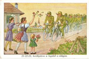 21-22-23, kerékpáros a legelső a világon / Hungarian military art postcard, folklore, bicycle troops (EK)