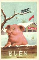 BUÉK, TSZCS (termelőszövetkezeti csoport), szocialista újévi propaganda lap. Képzőművészeti Alap / Hungarian socialist propaganda New Year card s: Németh