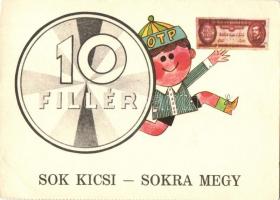 10 fillér, Sok kicsi sokra megy. Takarékosság - vidám ifjúság! / Hungarian socialist propaganda card (EK)