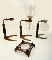 Régi fém laboratóriumi üveg tartók üvegekkel + alátét, összen: 3+1 db, m:17-32 cm