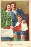 Magyar szocialista úttörő karácsonyi üdvözlő propagandalap, Rákosi könyv. Művészeti Alkotások / Hungarian socialist Christmas propaganda card (EK)