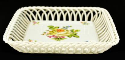 Herendi rózsa mintás áttört tál, kézzel festett, jelzett, hibátlan, 18×18 cm