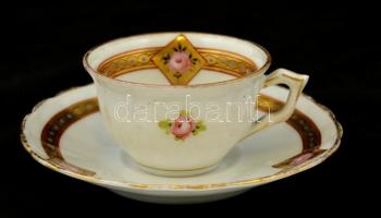 Jelzett (Fischer Emil mint forgalmazó)  matricás mokkás csésze és alj (6 db), kopott