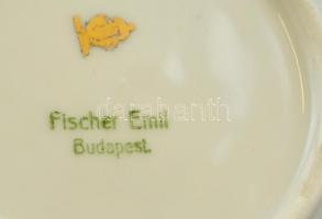 Jelzett (Fischer Emil mint forgalmazó)  matricás mokkás csésze és alj (6 db), kopott