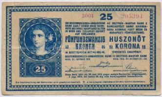 1918. 25K "3001" 3mm, hullámos hátlap, valószínűleg hamis "Bihar Vármegye Kisszántó Község 1910" felülbélyegzéssel (fake overprint) T:III