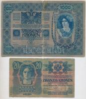 1902. 1000K + 1913. 20K mindkettő piros "MAGYARORSZÁG" felülbélyegzéssel és hamis "Sz...