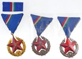 1951. Közbiztonsági Érem bronz, ezüst és arany fokozata a rendőrség tagjai részére, aranyozott, ezüstözött Br kitüntetések (3xklf), mellszalagon + 1db szalagsáv T:1-,2