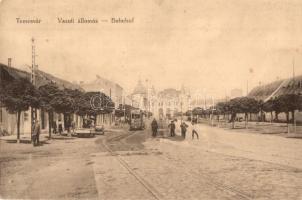 Temesvár, Timisoara; vasútállomás, villamos / Bahnhof / railway station, tram (vágott / cut)