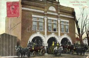 Waterloo, Iowa; Central Fire Station, firefighters on horse-drawn fire trucks, TCV card (EK)