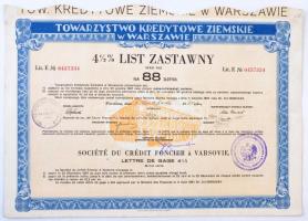 Lengyelország 1935. Varsói Földhitel Bank 4 1/2%-os jelzálog kötvénye 88Zl-ról, bélyegzésekkel, szelvényekkel T:II Poland 1935. Towarrzystwo Kredytowe Ziemskie w Warszawie 4 1/2% mortgage bond about 88 Zlotych with cancellations and coupons C:XF