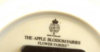 Tavasztündér-motívumos dekoratív angol porcelán óra, matricás, jelzett, kis kopásnyomokkal, műanyag ...