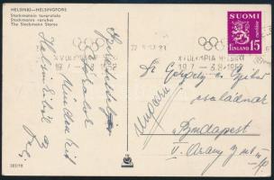1952 Czibor Zoltán az Aranycsapat játékosa, aranyérmes labdarúgó családjának hazaküldött képeslapja a Helsinki olimpiáról