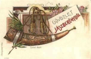 Jászberény, Lehel-kürt, floral, Art Nouveau, litho  (Rb)