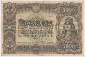 1920. 5000K "Orell Füssli Zürich" piros sorozat- és sorszám T:III,III- Hungary 1920. 5000 Korona "Orell Füssli Zürich" with red serial number C:F,VG Adamo K38