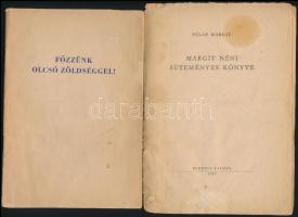 4 db szakácskönyv az 1950-es évekből: özv. Szabó Józsefné: Disznóölés-feldolgozás. Bp., 1959, Minerva. Kiadói papírkötésben. Fülöp Margit: Margit néni süteményes könyve. Bp., 1957, Minerva. Kiadói papírkötésben, viseltes állapotban. Főzzünk olcsó zöldséggel! Bp., 1956, Közgazdasági és Jogi Könyvkiadó. Kiadói papírkötésben. Venesz József: Magyaros ételek. Bp., 1967, Minerva. Kiadói papírkötésben.