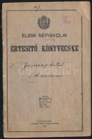1924-1928 Elemi Népiskolai Értesítő Könyvecske, nagykanizsai és sashalmi iskolák bejegyzéseivel, Nagykanizsa, 1922, Fischel Fülöp, viseltes állapotban.