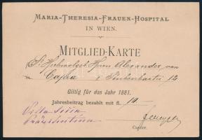 1881 Bécs, A Maria-Theresia-Frauen-Hospital tagkártyája / Wien, Maria-Theresia-Frauen-Hospital Mitgliedkarte
