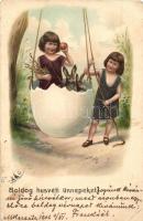 'Boldog húsvéti ünnepeket!' / Easter greeting card, girls, rabbits, egg, Emb. litho (EK)