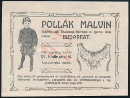1909 Pollák Malvin saját készítményű fehérnemű és gyermekruhák áruházának reklámos számlája