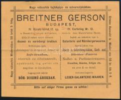 cca 1890 Bp.IV. Breitner Gerson tajtékpipa és szivarszipka üzletének reklámcédulája