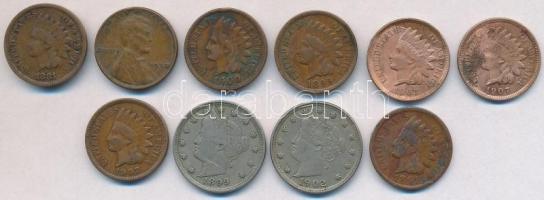 Amerikai Egyesült Államok 1881-1938. 1c Br Indian Head (7x) + 1c Br Lincoln + 5c Cu-Ni Liberty Nickel (2xklf) T:2,2- USA 1881-1938. 1 Cent Br Indian Head (7x) + 1 Cent Br Lincoln + 5 Cents Cu-Ni Liberty Nickel (2xdiff) C:XF,VF