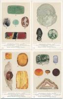 5 db RÉGI megíratlan képeslap ásványokról, drágakövekről / 5 pre-1945 unused postcards of ornamental stones, Quartz, Lapis-Lazuli, Violane, Sodalite, Jade, Amber