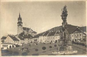 1925 Körmöcbánya, Kremnica; Szentháromság szobor, tér, felálványozott épület / statue, square, construction, photo