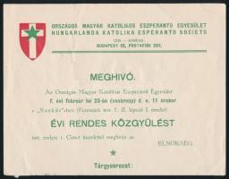 cca 1931 Az Országos magyar Katolikus Eszperantó egyesület meghívója évi rendes közgyűlésre