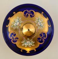 Dekoratív, virágmotívumos kék bonbonier, kézzel festett, jelzés nélkül, hibátlan, d: 17,5 cm, m: 14 ...