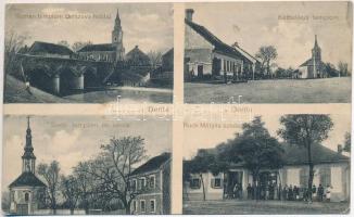 Denta, Román templom a Berszava híddal, katolikus templom, szerb templom és iskola, Ruck Mátyás üzlete / Romanian and Serbian churches, bridge, school, shop (EK)