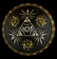 Háromlábú kristály kínáló, jelzés nélkül, csiszolt, formába préselt anyagában színezett, hibátlan, d...