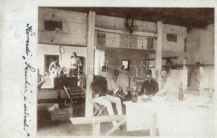 1911 Nagylak, Nadlac; Kövesdi színház és dalárda, katonai pihenőkörlet, borozó katonák / Hungarian wine drinking soldiers, resting quarters, photo