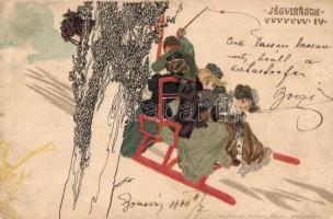 Jégvirágok IV. / Frostwork, sledding ladies, unisgned Raphael Kirchner art postcard, Kosmos litho