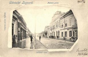 Lugos, Lugoj; Széchenyi utca, Népbank palota, Strasser kávéház. Auspitz Adolf kiadása / street, bank palace, cafe (fa)