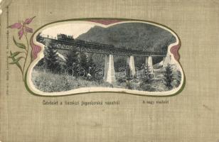 Tiszolc, Tisovec; Fogaskerekű vasút, a nagy viadukt, Lechnitzky O. kiadása / viaduct, bridge, funicular railway, Art Nouveau (fa)