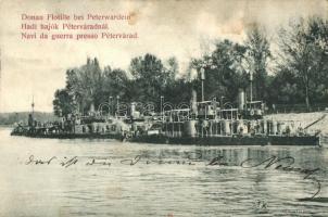 Donau-Flotille bei Peterwardein, Verlag J. Singer / az egyesült dunai osztrák-magyar Flottila monitorhajói Péterváradnál / Hungarian river guard ships at Petrovaradin, Novi Sad (fl)